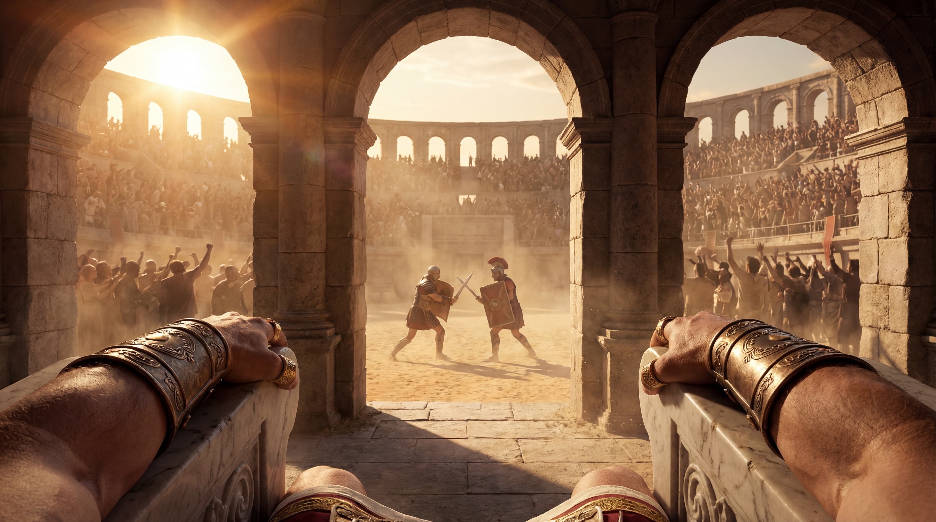 First-person POV from a Roman Emperor's box overlooking gladiators in the Colosseum