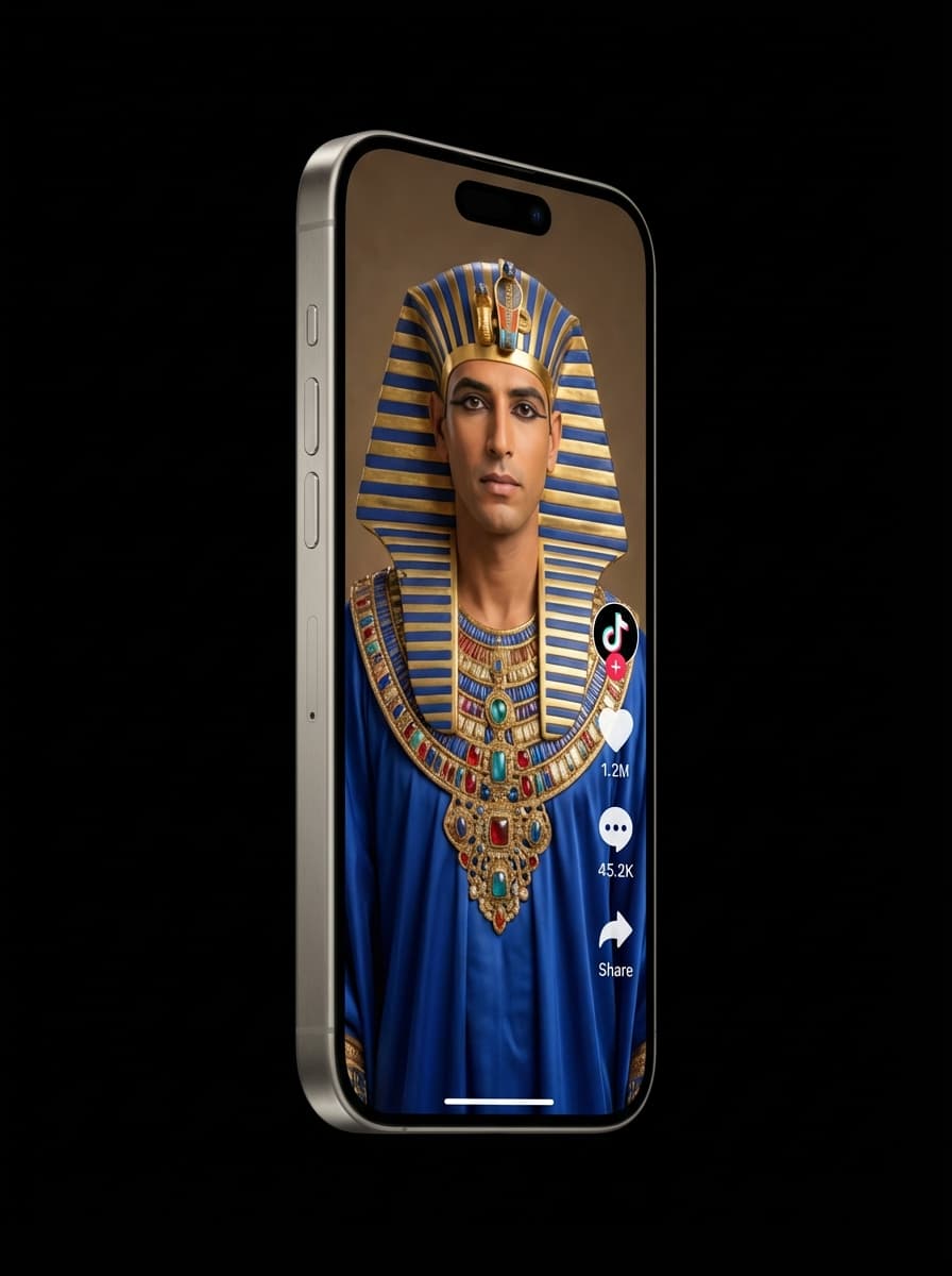 Smartphone displaying a viral POV video of an Egyptian Pharaoh with social media engagement metrics